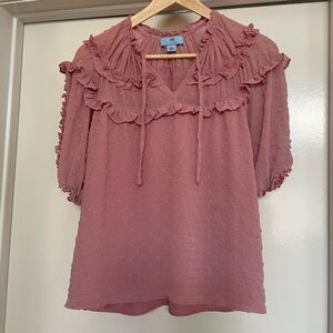 CeCe Blouse with Ruffles and polka dot texture Tie-Neck  - Dusty Rose XS